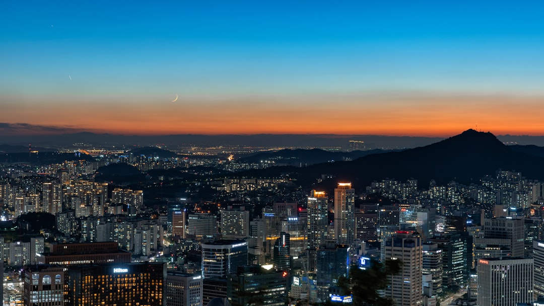 Seoul skyline with financial district buildings at dusk
