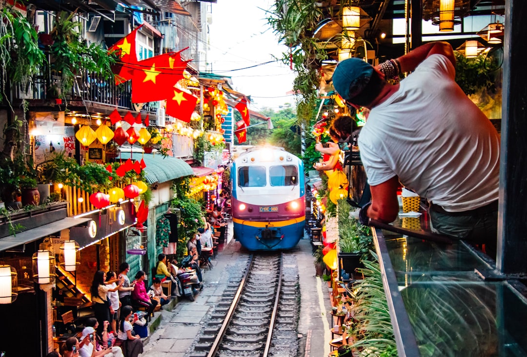 Hanoi city offices and traffic at dusk