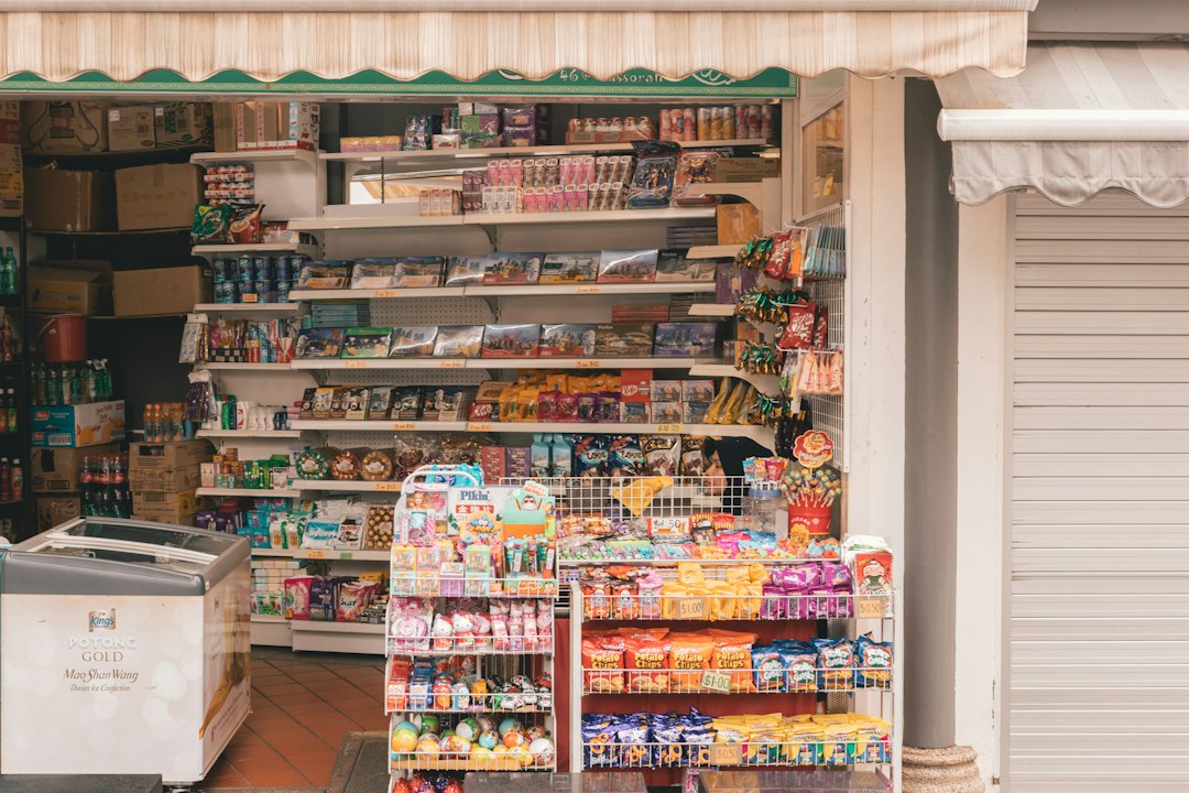 Convenience store shelves with barcode scanner and POS